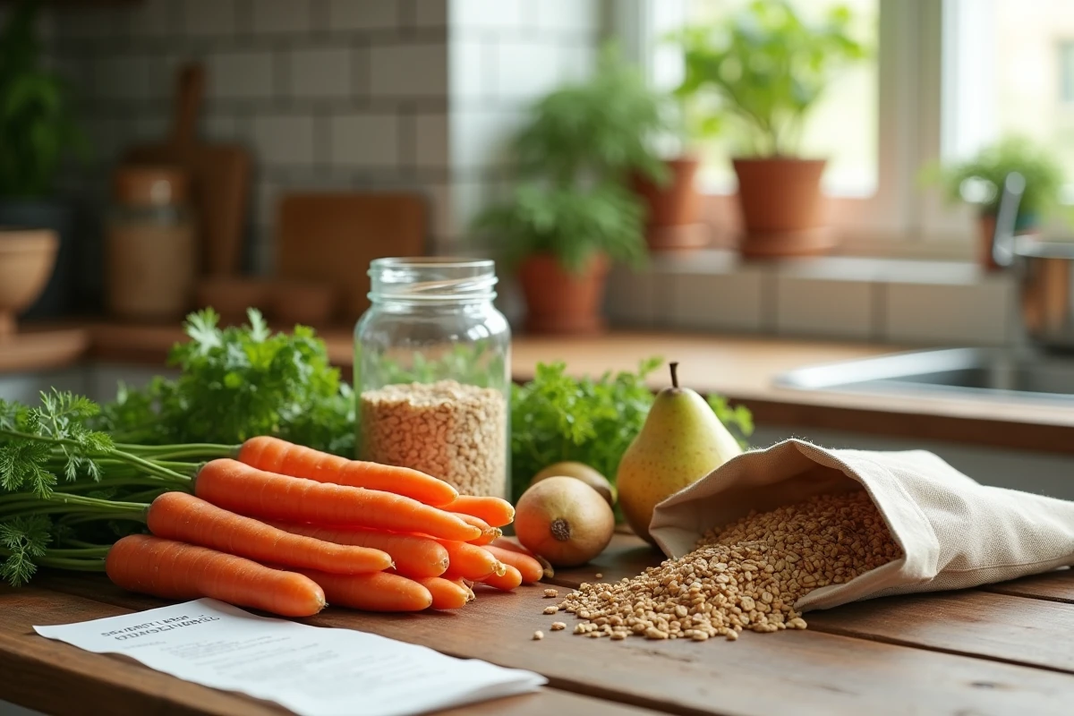 Courses de produits biologiques anti-gaspi étalées sur un plan de travail en bois dans une cuisine domestique