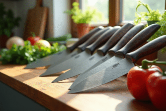 Assortiment de couteaux de chef sur plan de travail en bois