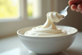 Crème fouettée fraîche versée dans un bol naturel