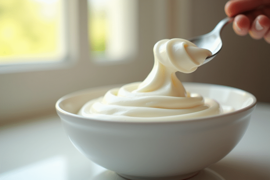 Crème fouettée fraîche versée dans un bol naturel