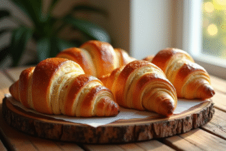 Croissants au beurre fraîchement cuits sur une table en bois