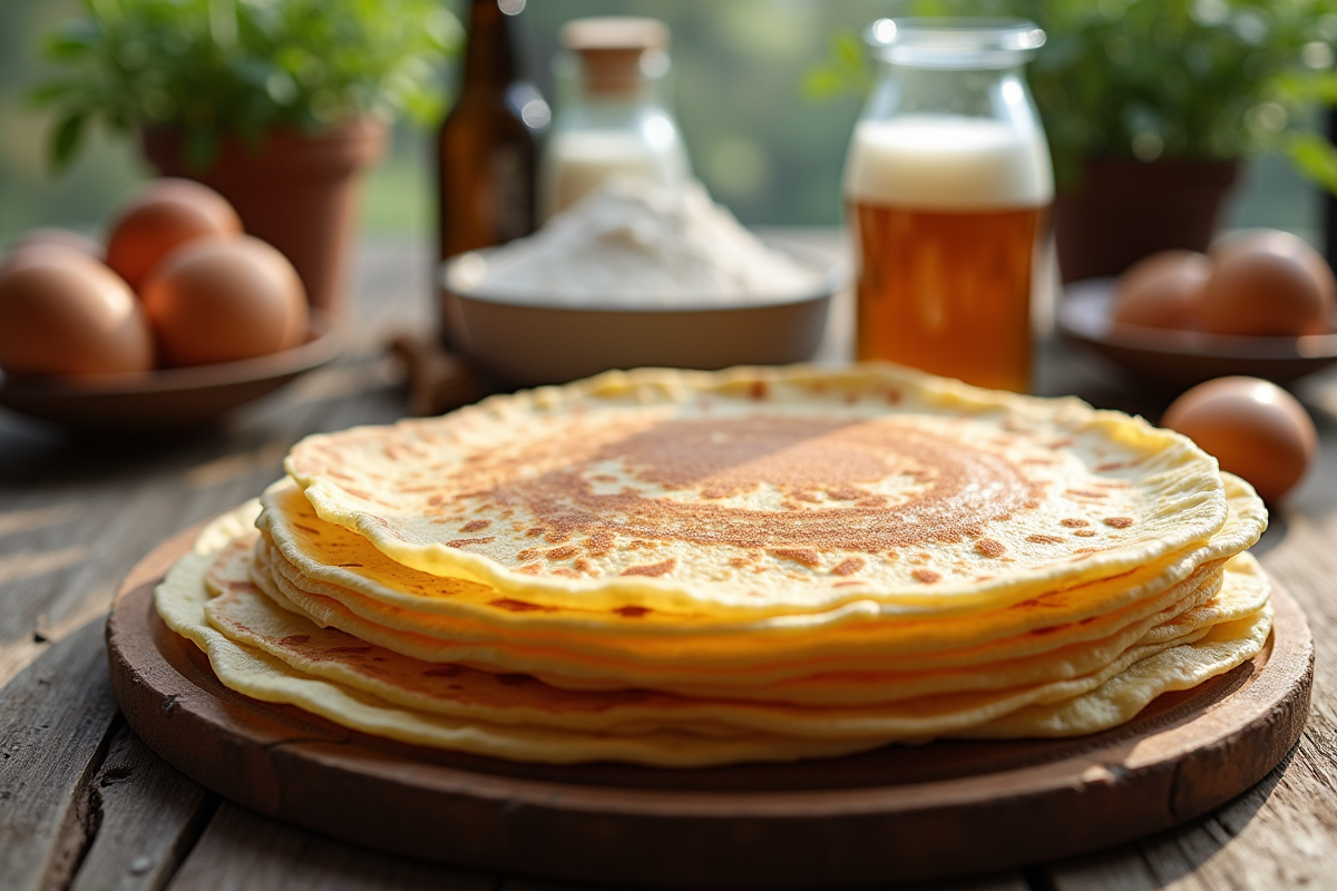 Pile de crêpes croustillantes avec bière et ingrédients sur table