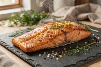 Filet de saumon au four avec peau croustillante dorée sur une ardoise rustique, garni d'aneth frais et de zeste de citron