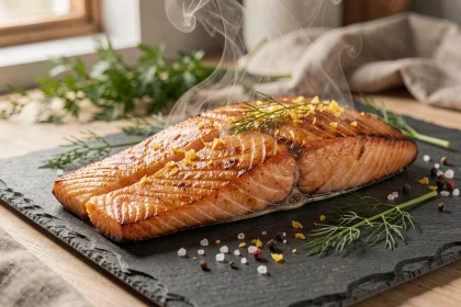 Filet de saumon au four avec peau croustillante dorée sur une ardoise rustique, garni d'aneth frais et de zeste de citron