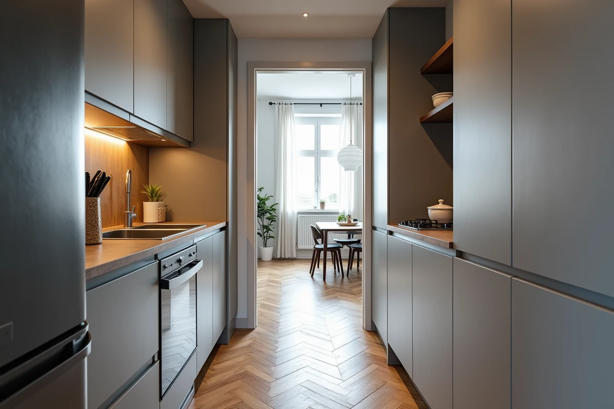 Cuisine IKEA en couloir optimisée pour studio avec rangements sol-plafond et agencement étroit