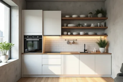 Coin cuisine IKEA modulaire dans un studio compact avec rangements ouverts et plan de travail rabattable