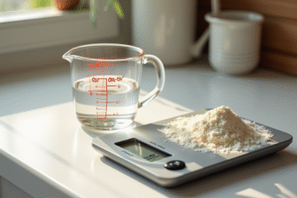 Plan de cuisine avec tasse à mesurer et balance numérique