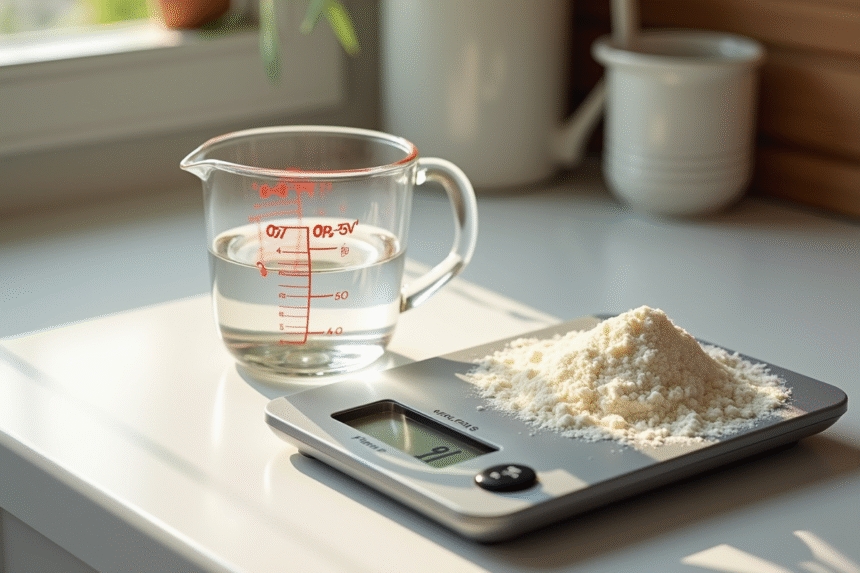 Plan de cuisine avec tasse à mesurer et balance numérique
