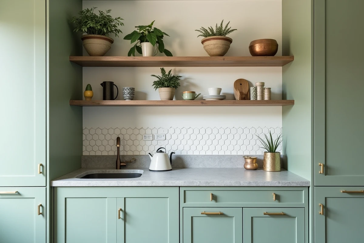 Cuisine entièrement modernisée grâce au remplacement des portes de placard en vert sauge avec poignées dorées