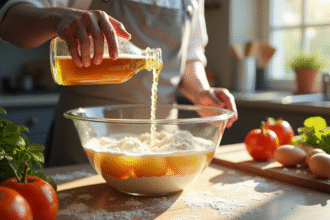 Chef verse de la bière dans un bol avec farine et œufs en cuisine