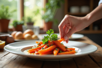 Table de cuisine rustique avec plat de carottes vichy glacées