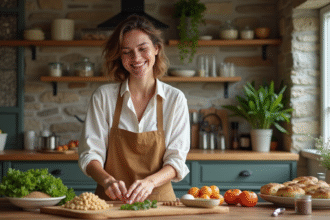 Femme souriante préparant des ingrédients vegan poulet