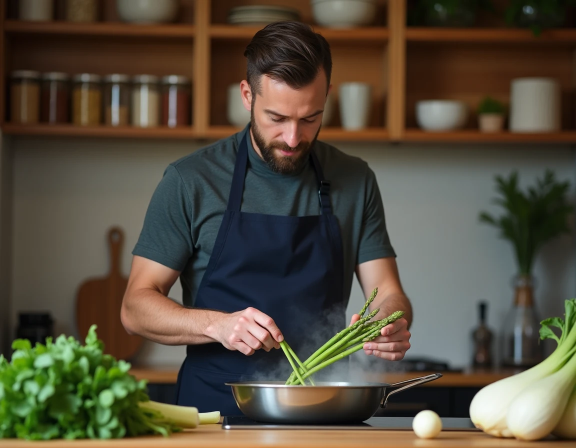 Homme cuisinant des asperges vertes dans une casserole avec vapeur dans une cuisine de style professionnel en avril