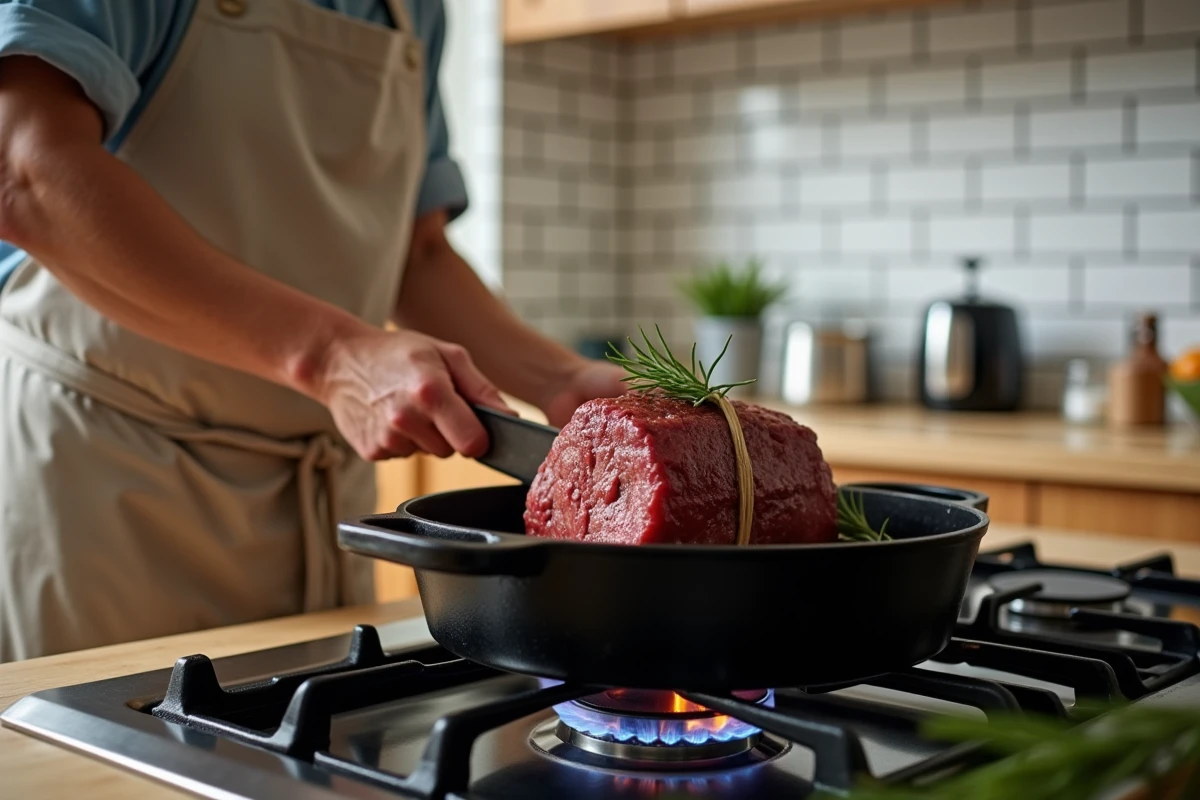 Cuisinier à domicile plaçant un rôti de bœuf ficelé dans un plat en fonte sur une cuisinière à gaz avec herbes fraîches