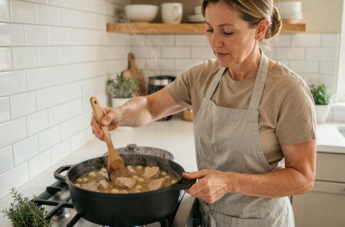 Femme cuisinant une blanquette de veau dans une cocotte en fonte sur une cuisinière moderne, remuant la sauce crémeuse avec une cuillère en bois