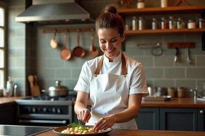 Femme cuisinant une endive au jambon en cuisine bistro chaleureuse