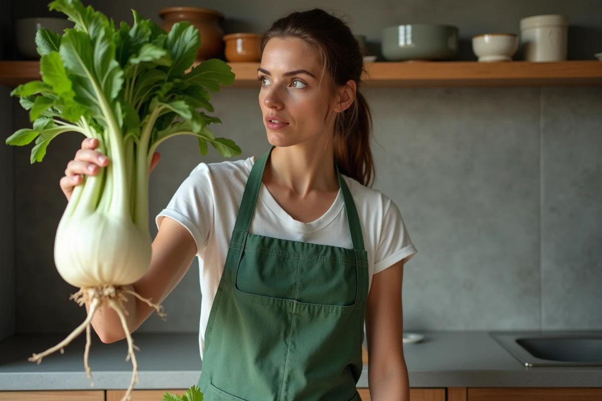 Femme cuisinière tenant des légumes en S dont scorsonère et chou de Savoie dans une cuisine moderne