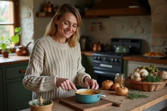 Femme française préparant une sauce aux cèpes dans une cuisine chaleureuse