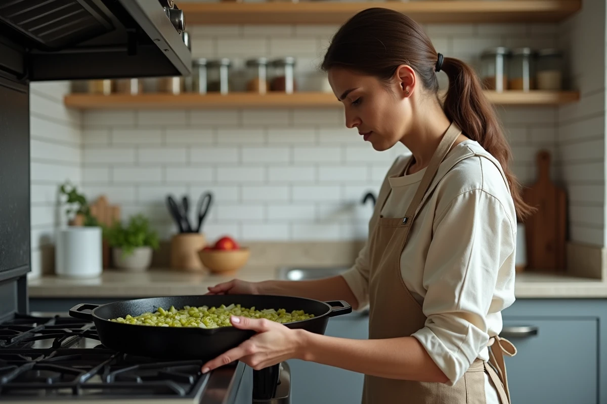 Femme en tablier de lin déposant un plat de poireaux fondants au four dans une cuisine parisienne moderne avec carrelage blanc