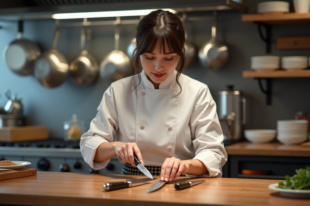 Jeune femme chef arrangeant couteaux dans la cuisine