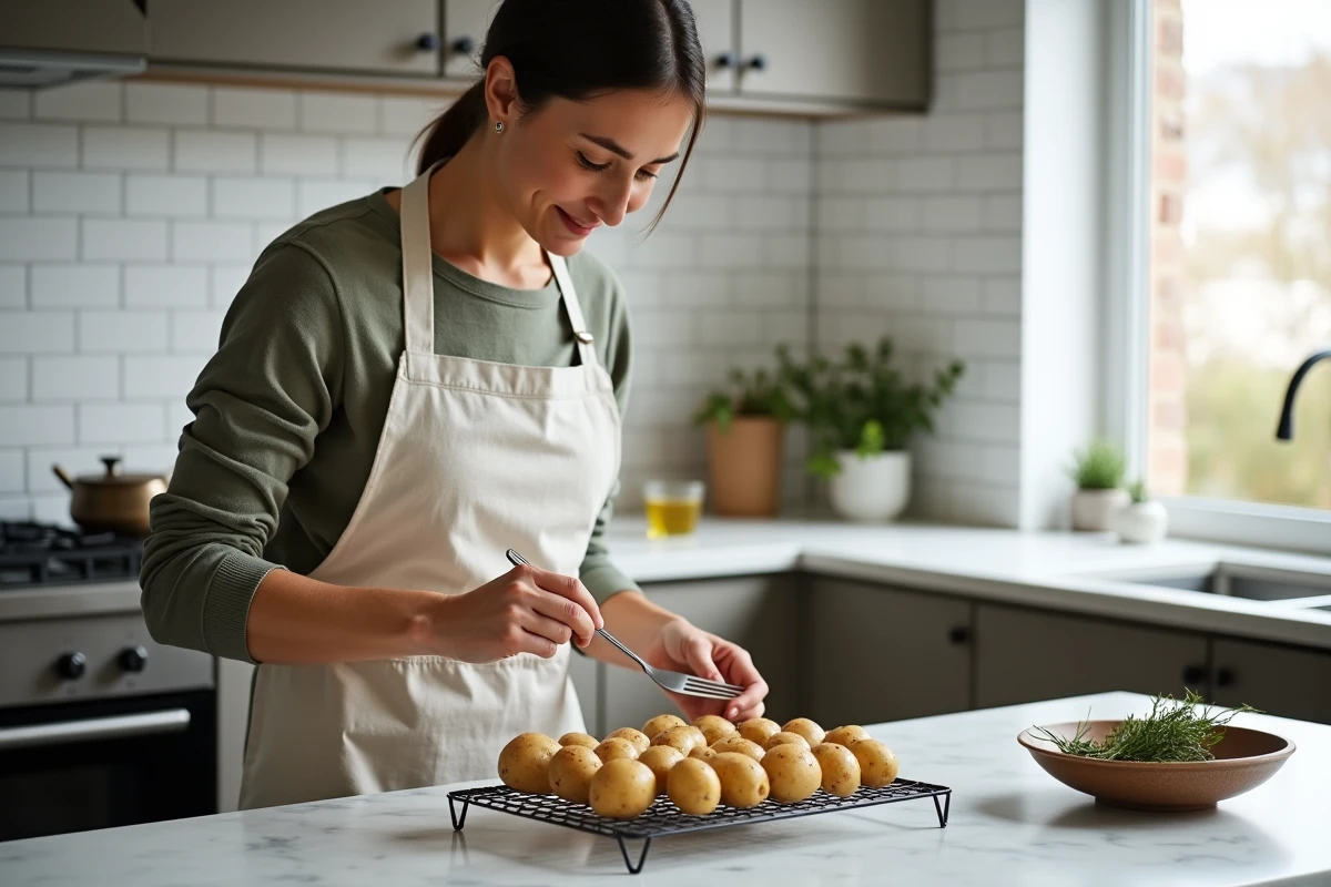Cuisinière à la maison préparant des pommes de terre avec une fourchette avant une cuisson longue au four à basse température dans une cuisine scandinave moderne