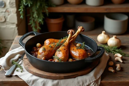 Cuisses de canard mijotées aux champignons sauvages dans une cocotte en fonte posée sur une table rustique en chêne