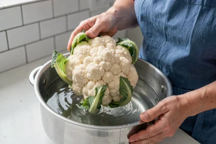 Cuisson du chou-fleur à l'eau froide dans une casserole en inox, tenu par une femme en tablier de lin bleu dans une cuisine moderne