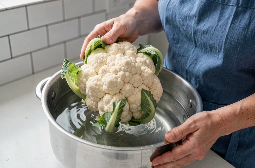Cuisson du chou-fleur à l'eau froide dans une casserole en inox, tenu par une femme en tablier de lin bleu dans une cuisine moderne