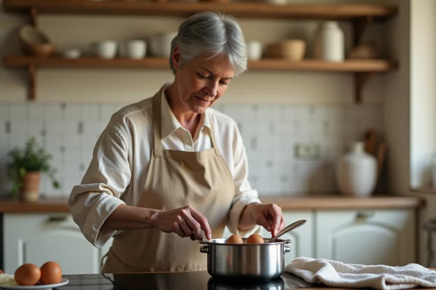 Femme plaçant des œufs dans une casserole d'eau froide pour la cuisson des œufs durs