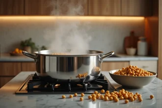 Grande casserole en inox remplie de pois chiches en train de cuire sur une gazinière moderne, avec des pois chiches secs éparpillés sur le plan de travail en marbre