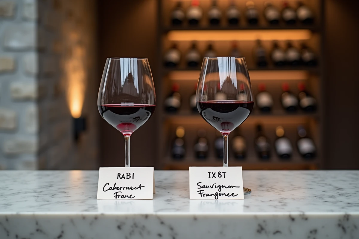 Deux verres de vin rouge côte à côte dans une cave, comparaison visuelle entre cabernet franc et sauvignon franc