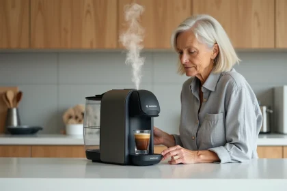 Femme effectuant le détartrage express d'une machine à café Tassimo Bosch dans une cuisine moderne avec tablette détartrante