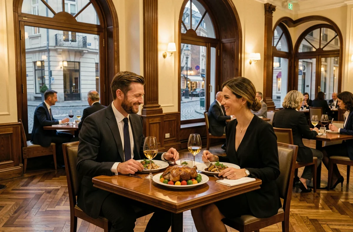 Couple savourant un dîner gastronomique dans la salle Art Déco d'un restaurant étoilé du centre de Lille