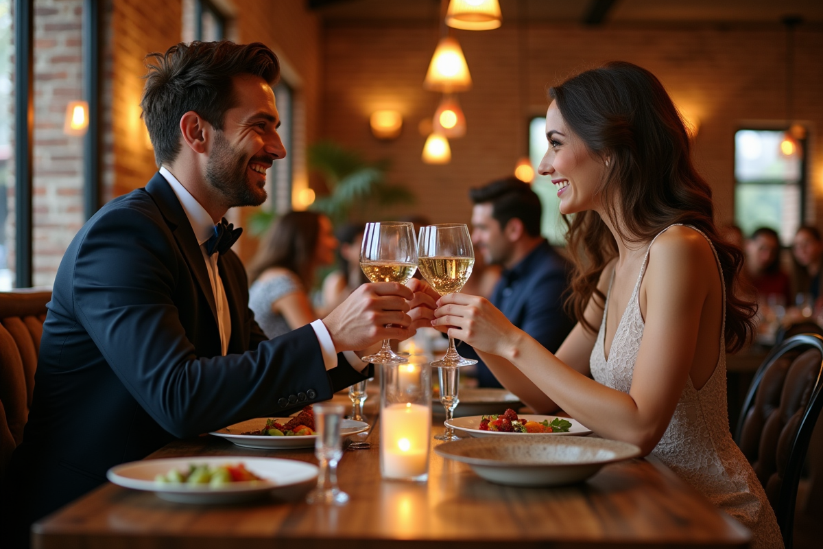 Deux convives en train de trinquer dans un restaurant élégant