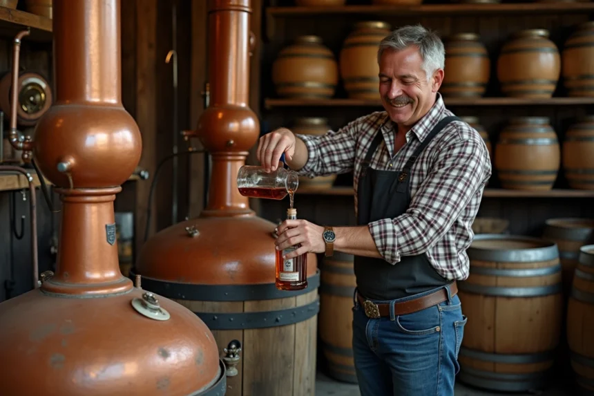 Homme en tablier verse spiritueux dans une distillerie rustique