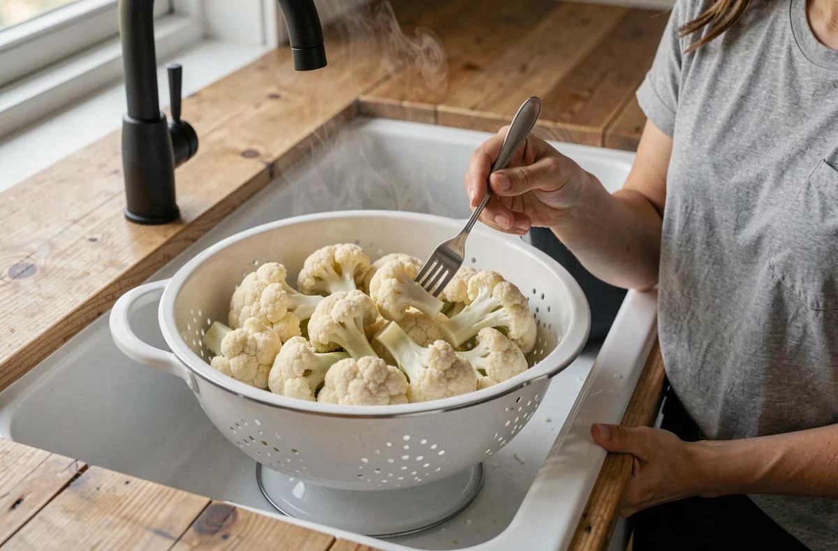 Fleurons de chou-fleur cuits à point égouttés dans une passoire en céramique blanche, texture ferme vérifiée à la fourchette dans une cuisine moderne