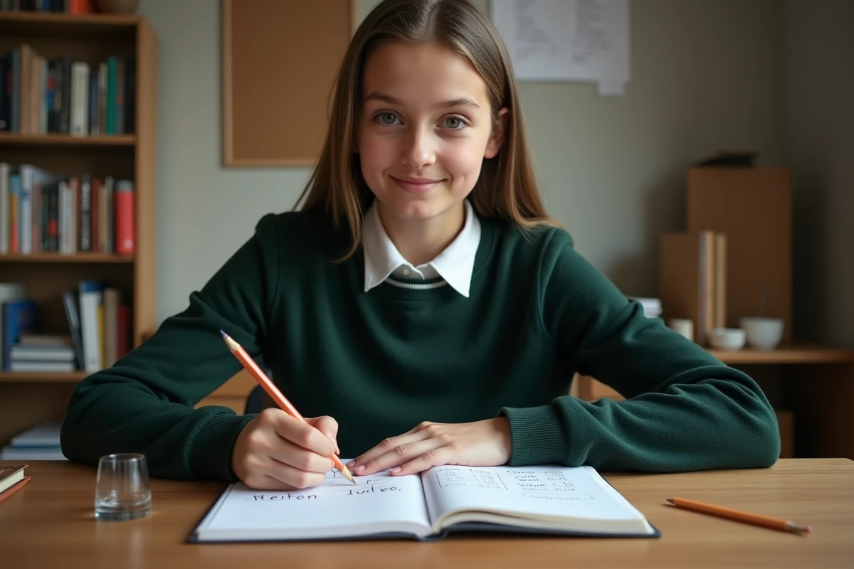 Adolescente rédigeant un tableau de conversion centilitres en litres dans un carnet scolaire sur un bureau en bois