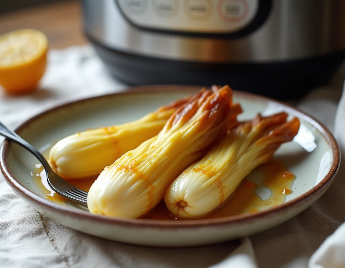 Endives braisées dorées et fondantes servies dans une assiette après cuisson à la cocotte minute