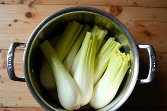 Endives fraîches disposées dans une cocotte minute ouverte, prêtes à cuire sous pression