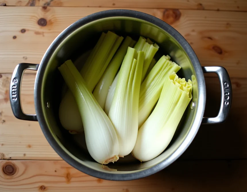 Endives fraîches disposées dans une cocotte minute ouverte, prêtes à cuire sous pression