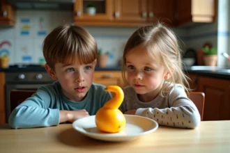 Jeune garçon et fille examinent un légume Z dans la cuisine