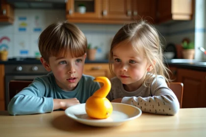 Jeune garçon et fille examinent un légume Z dans la cuisine