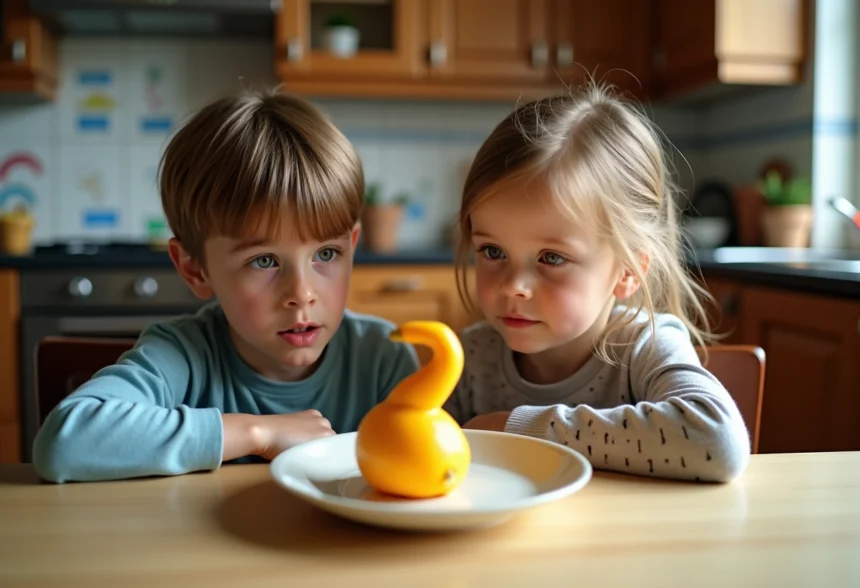 Jeune garçon et fille examinent un légume Z dans la cuisine
