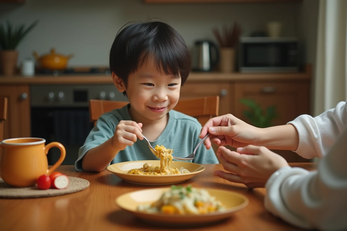 Enfant découvrant le goût du filet de julienne au curry doux lors d'un repas en famille