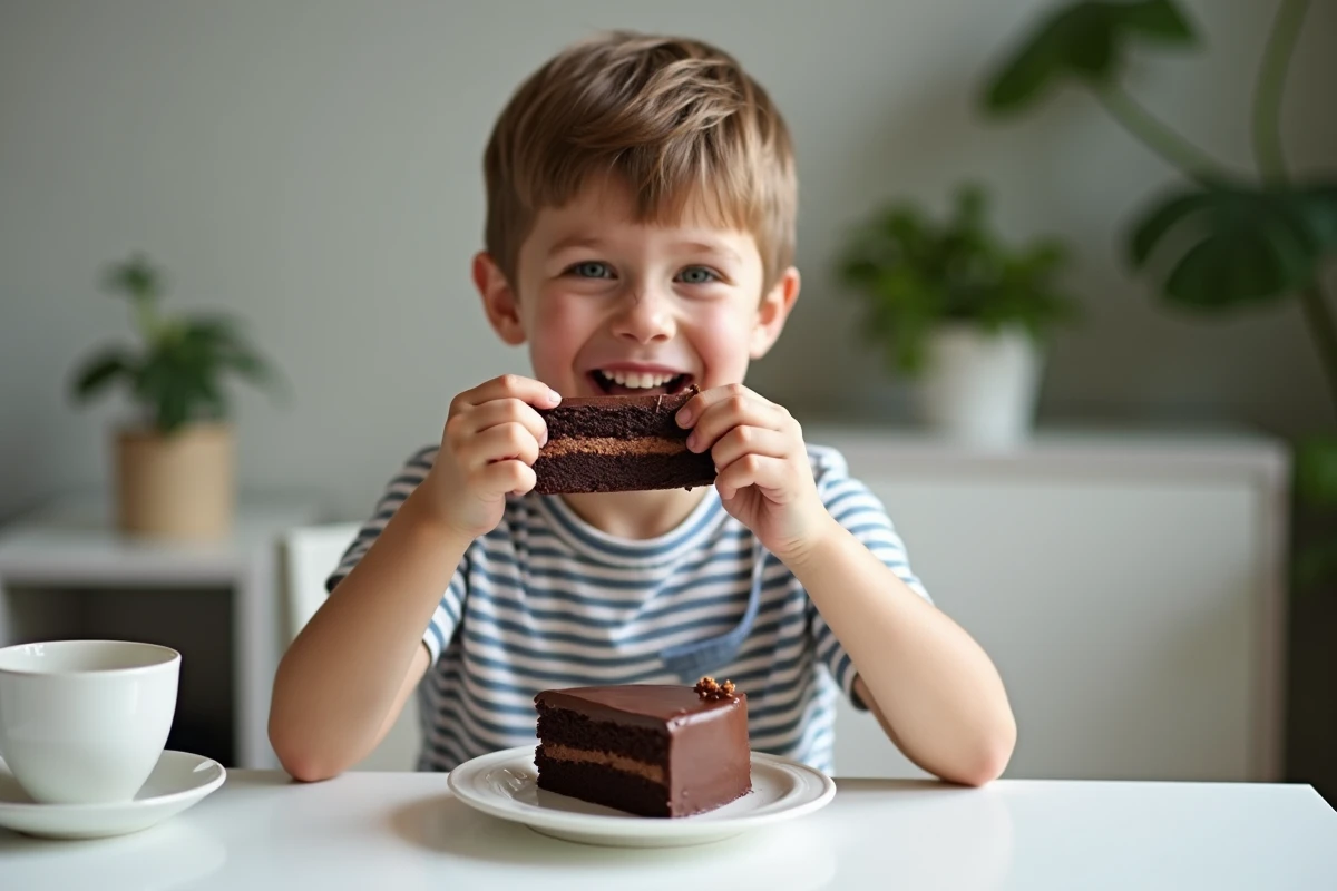 Jeune garçon dégustant une tranche de gâteau au chocolat dans la salle à manger