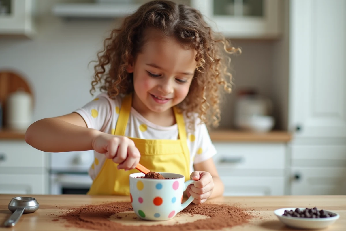 Enfant préparant un mugcake sans oeuf dans la cuisine, mélangeant la pâte dans un mug coloré avec une spatule