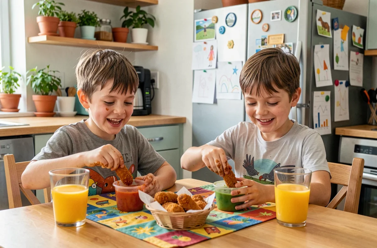 Deux enfants souriants mangeant des tenders de poulet faits maison avec des sauces colorées autour d'une table de cuisine familiale