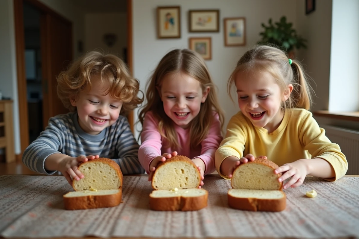 Enfants partageant du pain aux bananes dans la salle à manger