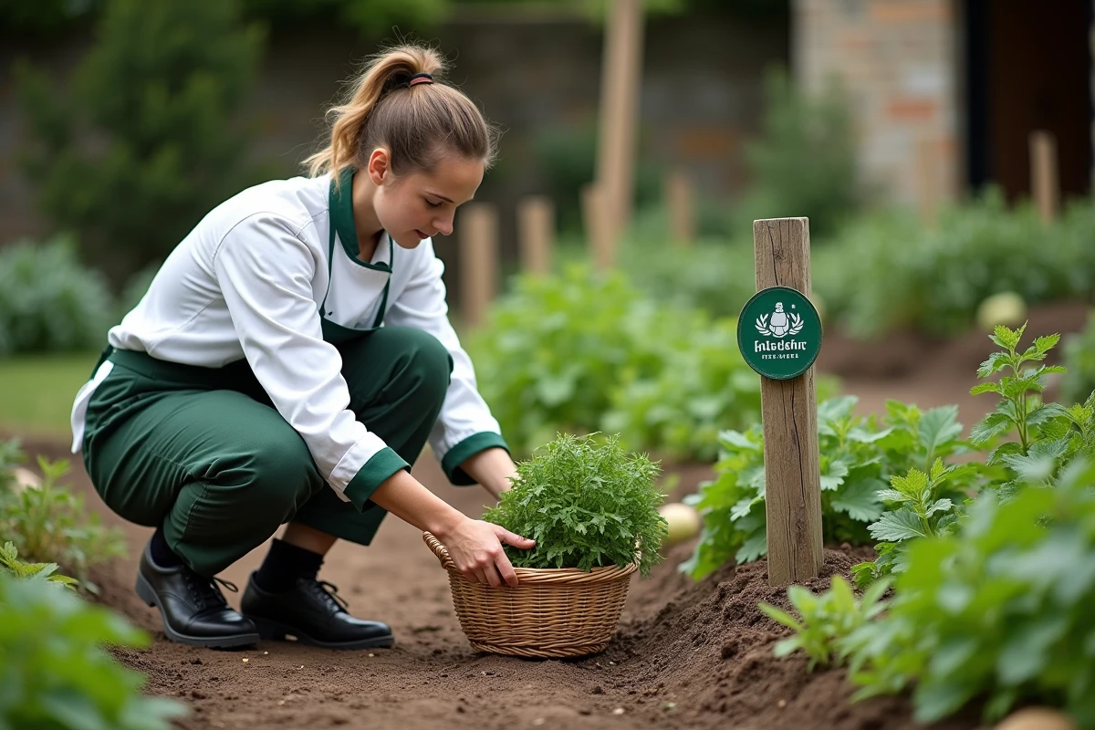 Cheffe cuisinière récoltant ses légumes dans le jardin durable de son restaurant étoilé vert Michelin