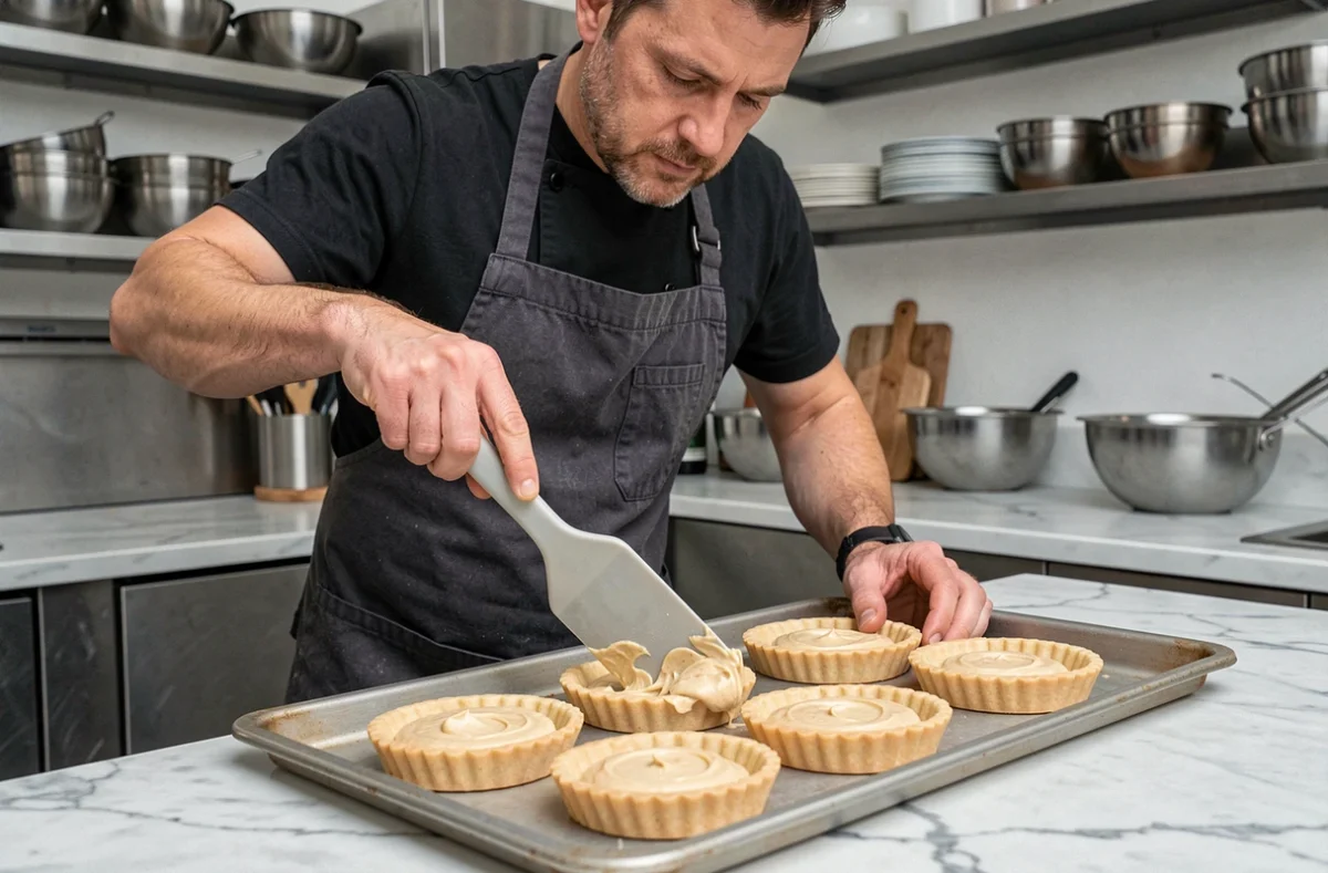 Homme étalant de la crème amandine sur plusieurs fonds de tarte crus alignés sur une plaque de cuisson dans une cuisine moderne